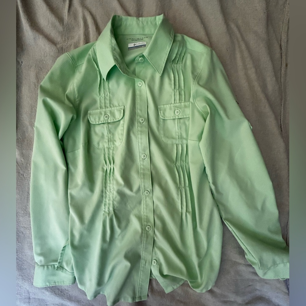 Columbia Shirt Womens Small Green Omni-Shade Hiking Gorpcore Fishing Ruffles - Picture 11 of 16